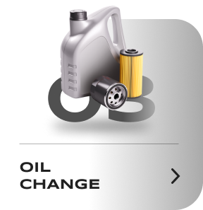 Gray oil container and filters, text: Oil Change, with a right arrow. | Autoplex Auto Service