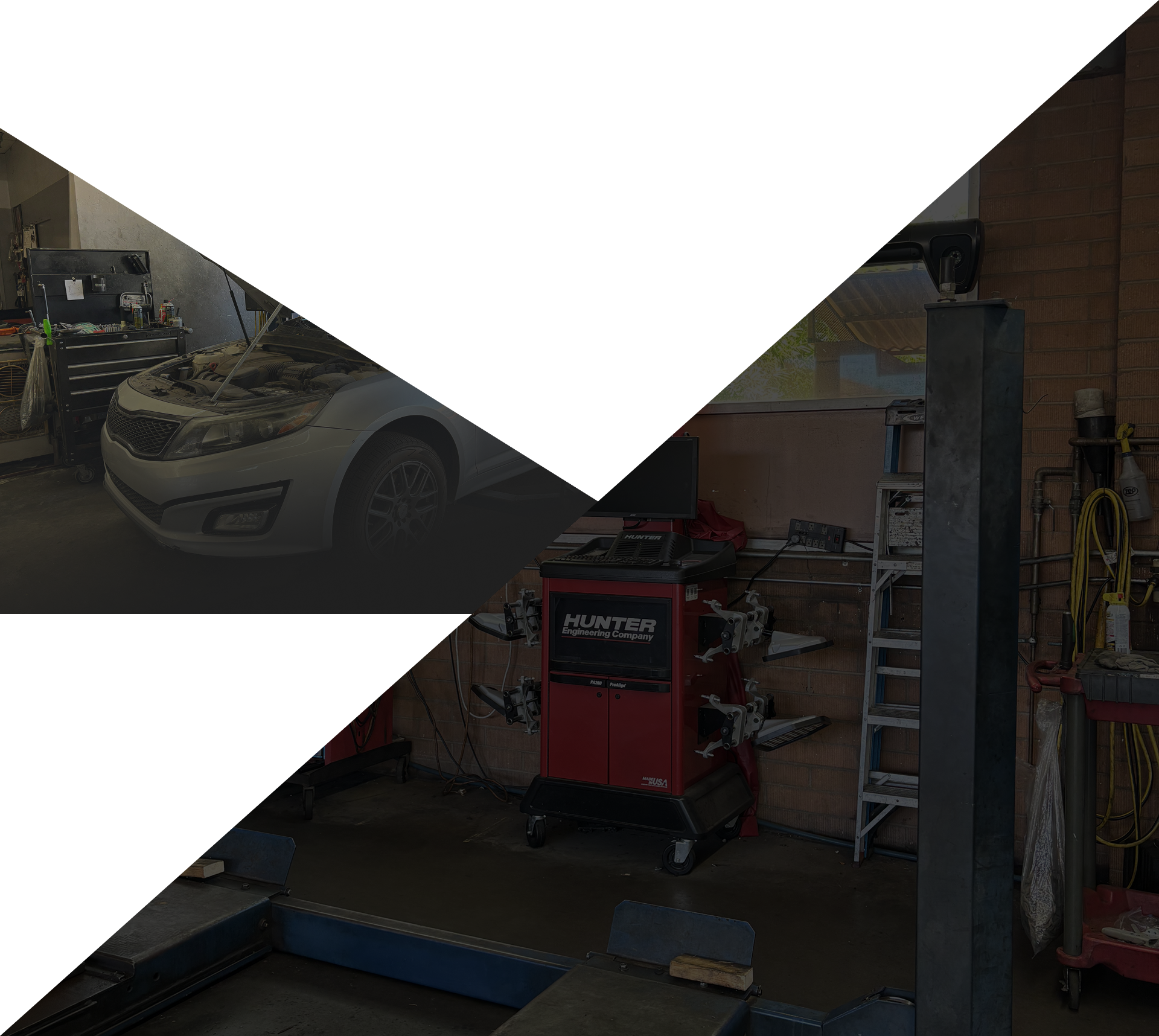 Car in a repair shop with alignment machine, tools, and a lift. | Autoplex Auto Service