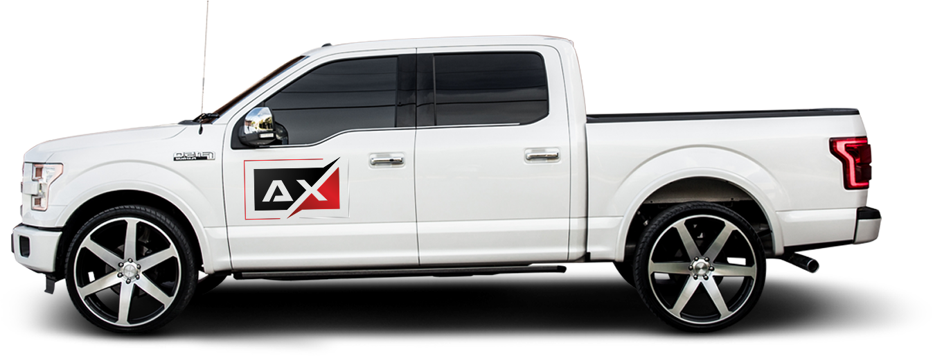 White Ford pickup truck with black and red logo on side, black rims. | Autoplex Auto Service