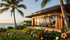 Tropical beachfront villa with palm trees, ocean view, and colorful flowers at sunset
