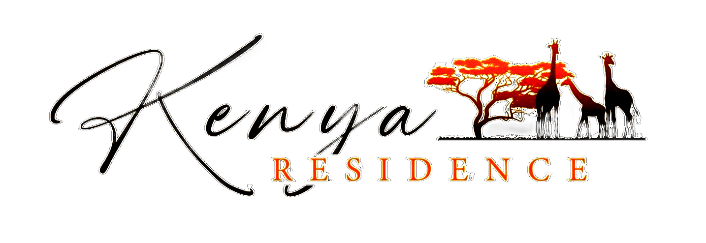 Kenya Residence logo with black script text, orange silhouettes, and red uppercase subtitle on white background