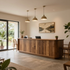 Modern reception desk in a bright minimalist lobby with wood paneling, pendant lights, and indoor plants