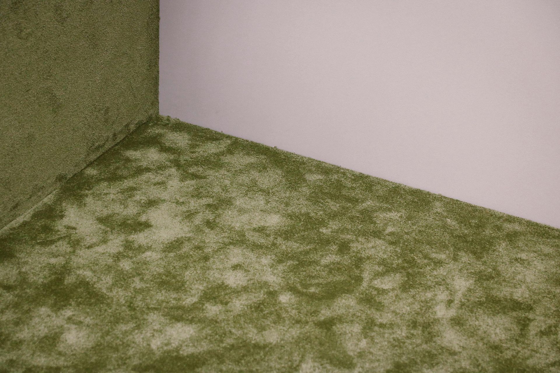 A corner of a room with a green carpet and a pink wall.