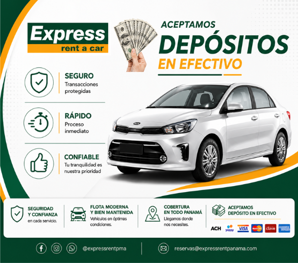 Banner promocional de Express Rent a Car: coche blanco con el texto "Aceptamos depósitos en efectivo".