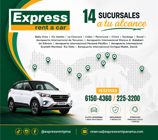 Anuncio de Express Rent a Car con un SUV blanco, 14 sucursales y números de teléfono para reservas sobre un fondo verde.