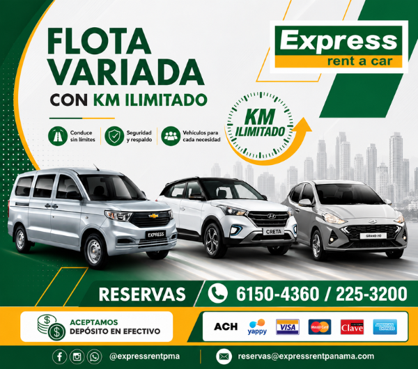 Anuncio de alquiler de autos Express Rent a Car con flota variada, KM ilimitado y tres vehículos SUV blancos.
