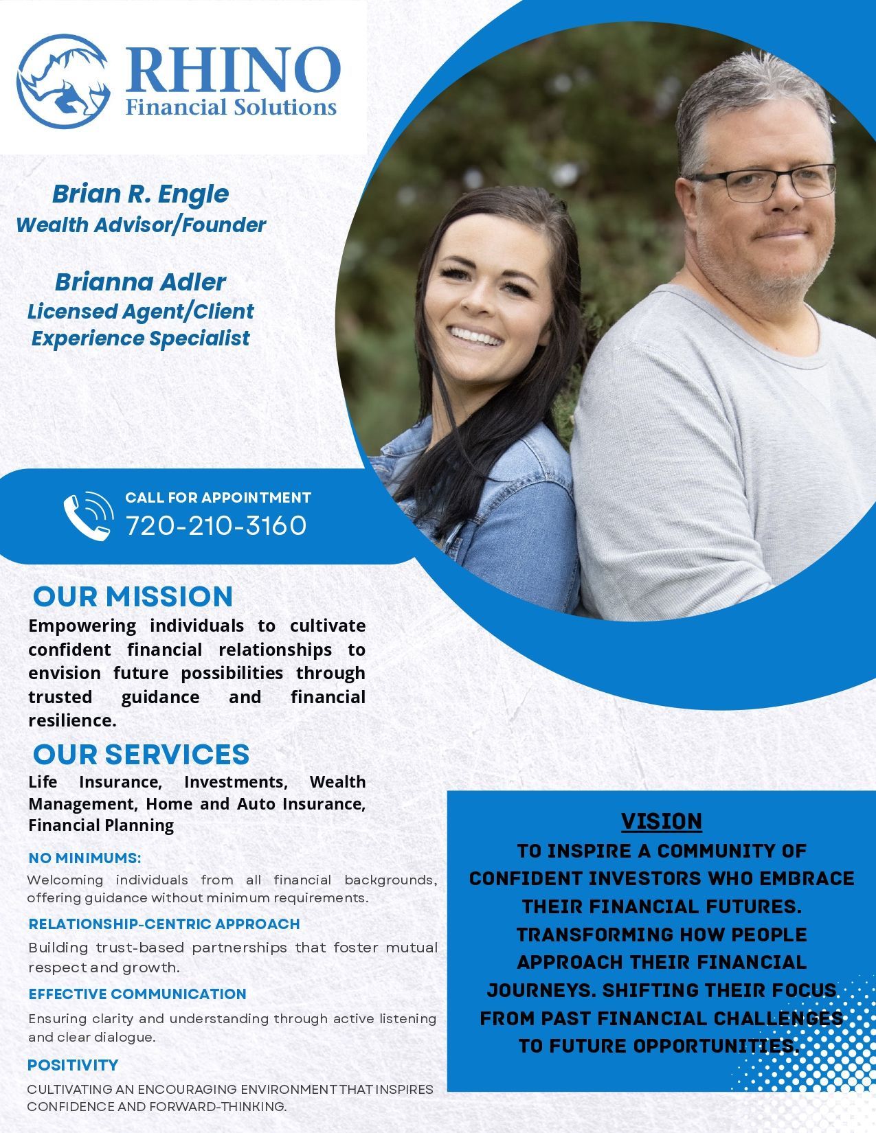 RHINO logo and contact info on blue flyer with smiling man and woman, mission, services, and vision sections