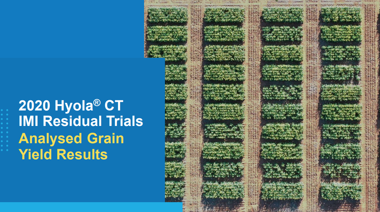 Blue presentation slide with crop rows and text: “2020 Hoya CT IMI Residual Trials Analysed Grain Yield Results”