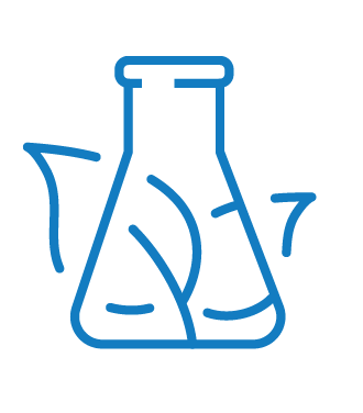 Blue laboratory glassware icon with a beaker and flask containing liquid and bubbles