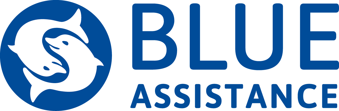 Logo di Blue Assistance con l'icona di un delfino bianco in un cerchio blu e testo blu.