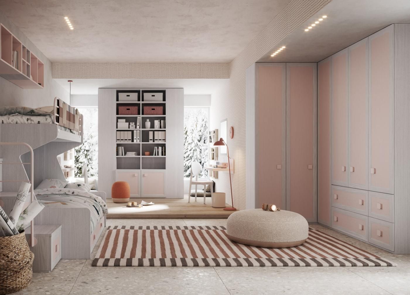 Una camera da letto con un letto a castello e un tappeto.