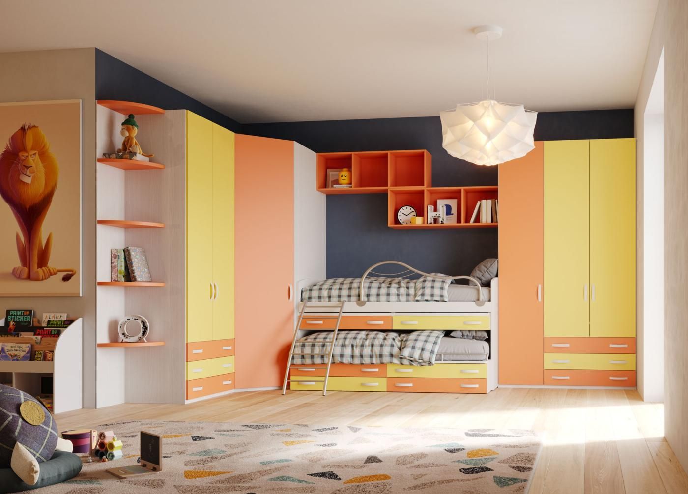 Una camera da letto con un letto a castello e un dipinto di un leone sulla parete.