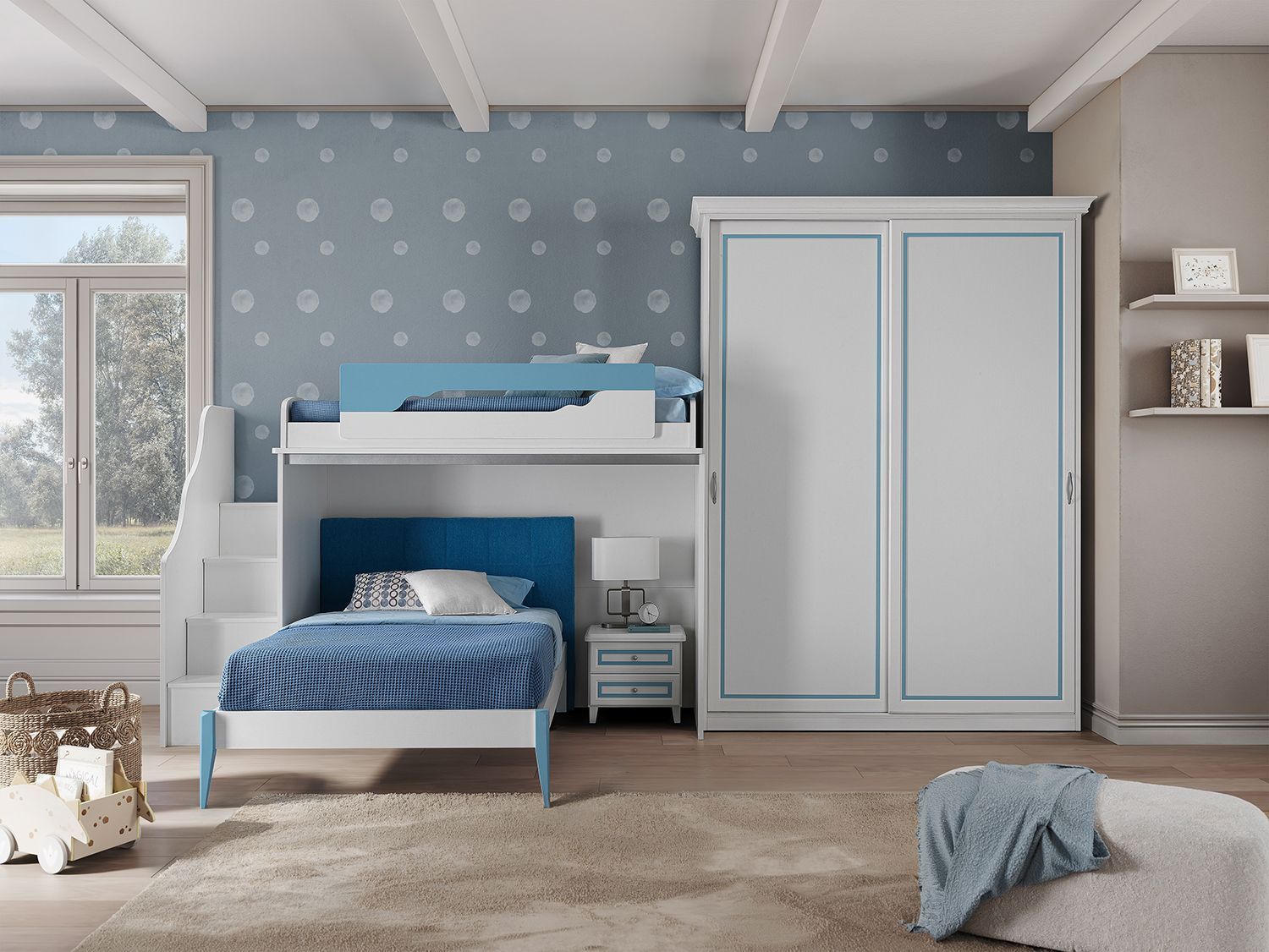 Una camera con un letto a castello e un armadio scorrevole.