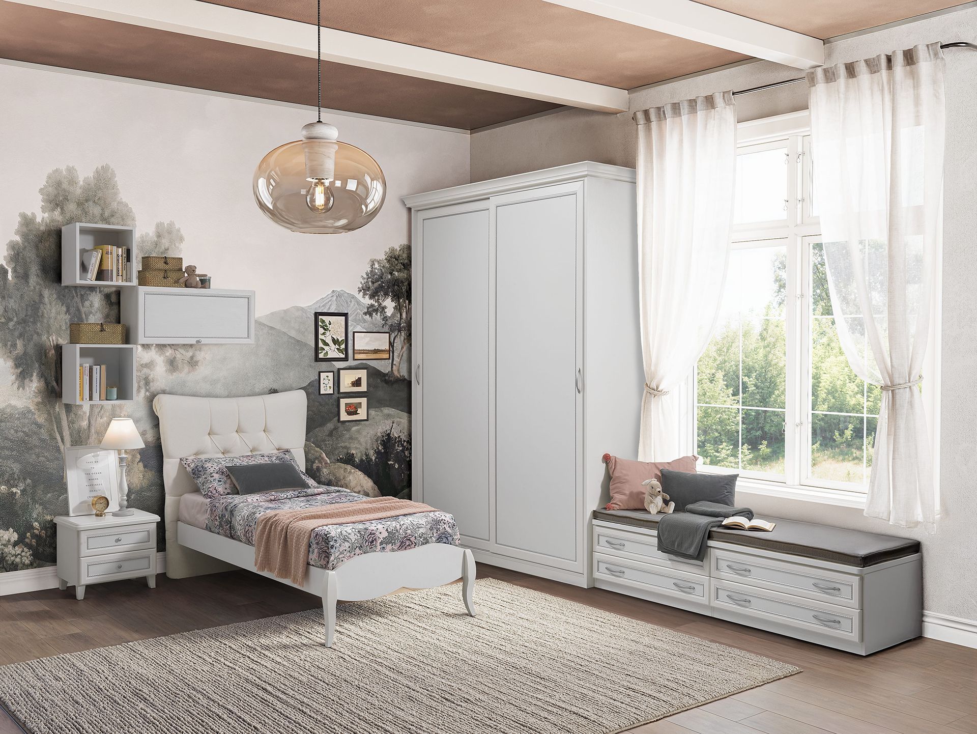 Una camera da letto con un letto, un armadio, un comodino, un tappeto e una finestra.