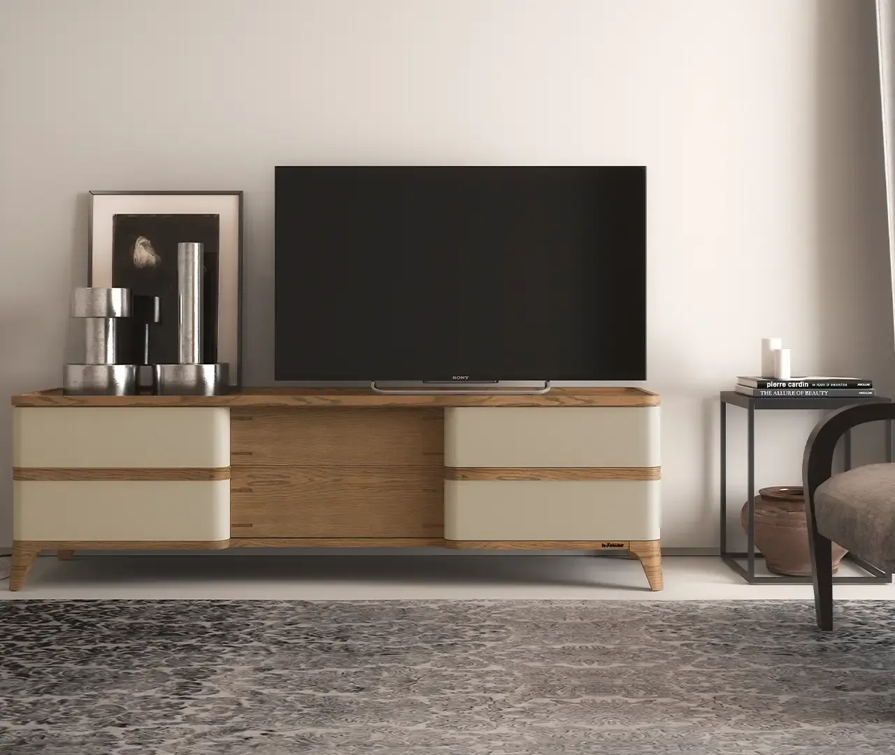 Un soggiorno con una TV a schermo piatto su un supporto di legno