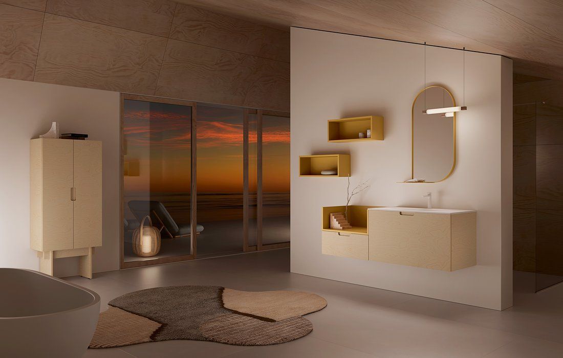 Un bagno con vasca, lavandino, specchio e armadietti.