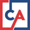 Un logo CA rosso, bianco e blu in un quadrato