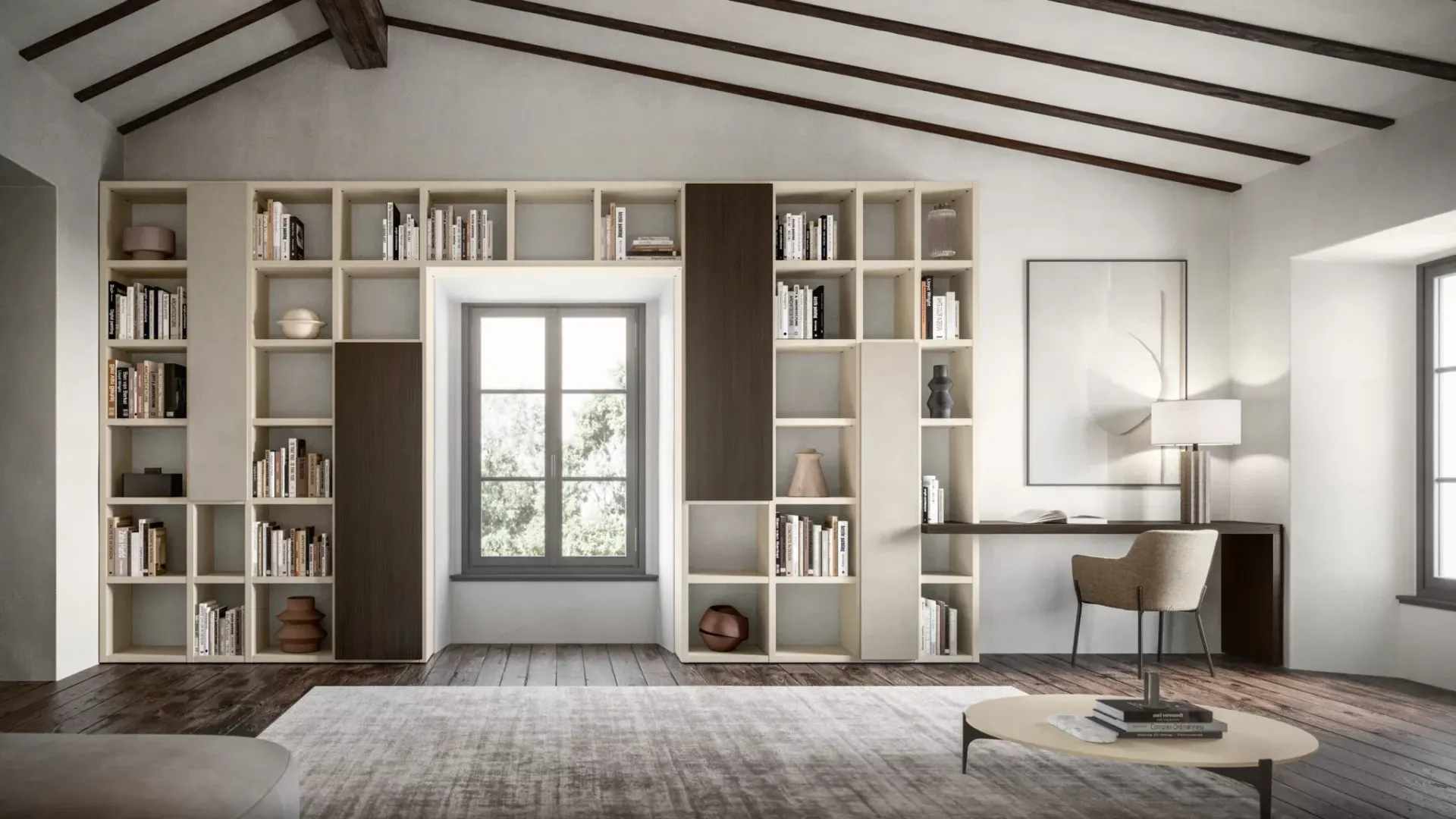 Un soggiorno con molte librerie e un tavolino da caffè