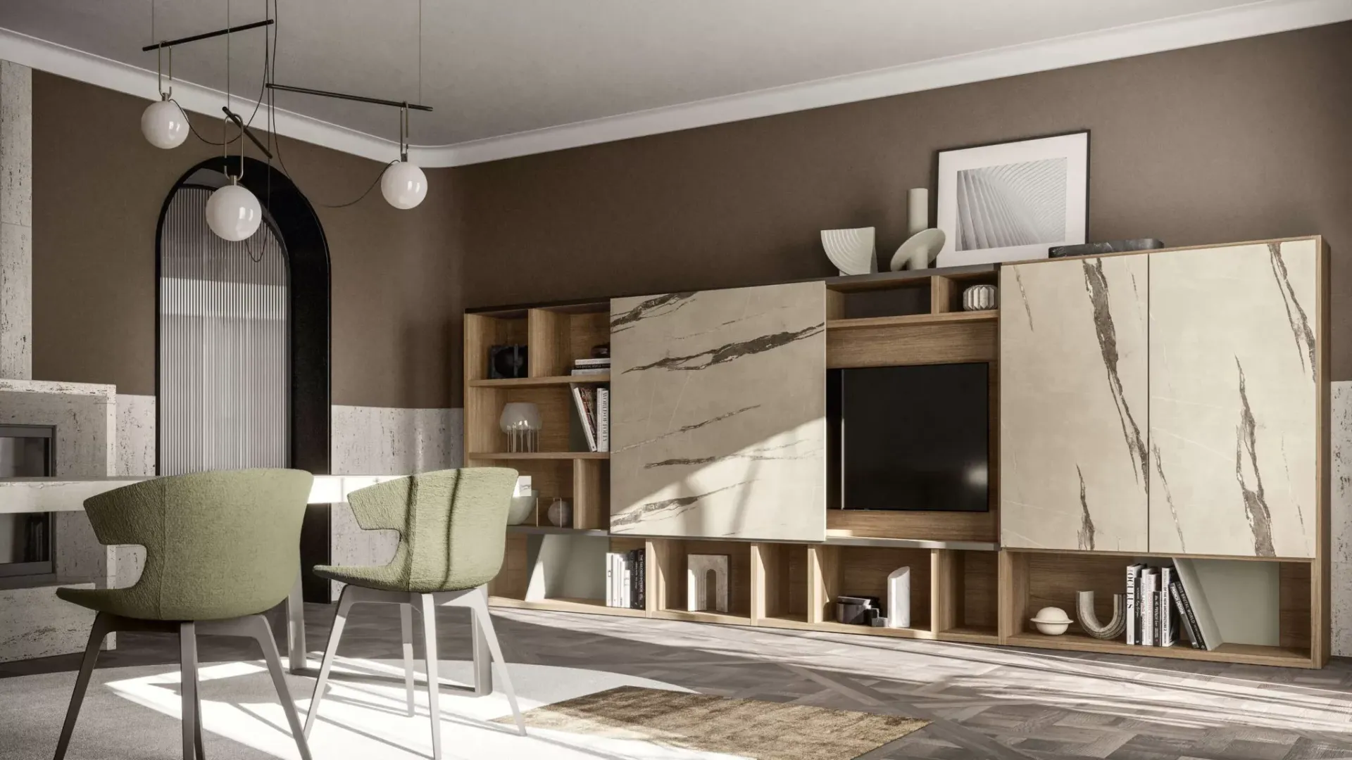 Un soggiorno con tavolo, sedie e televisione a parete.