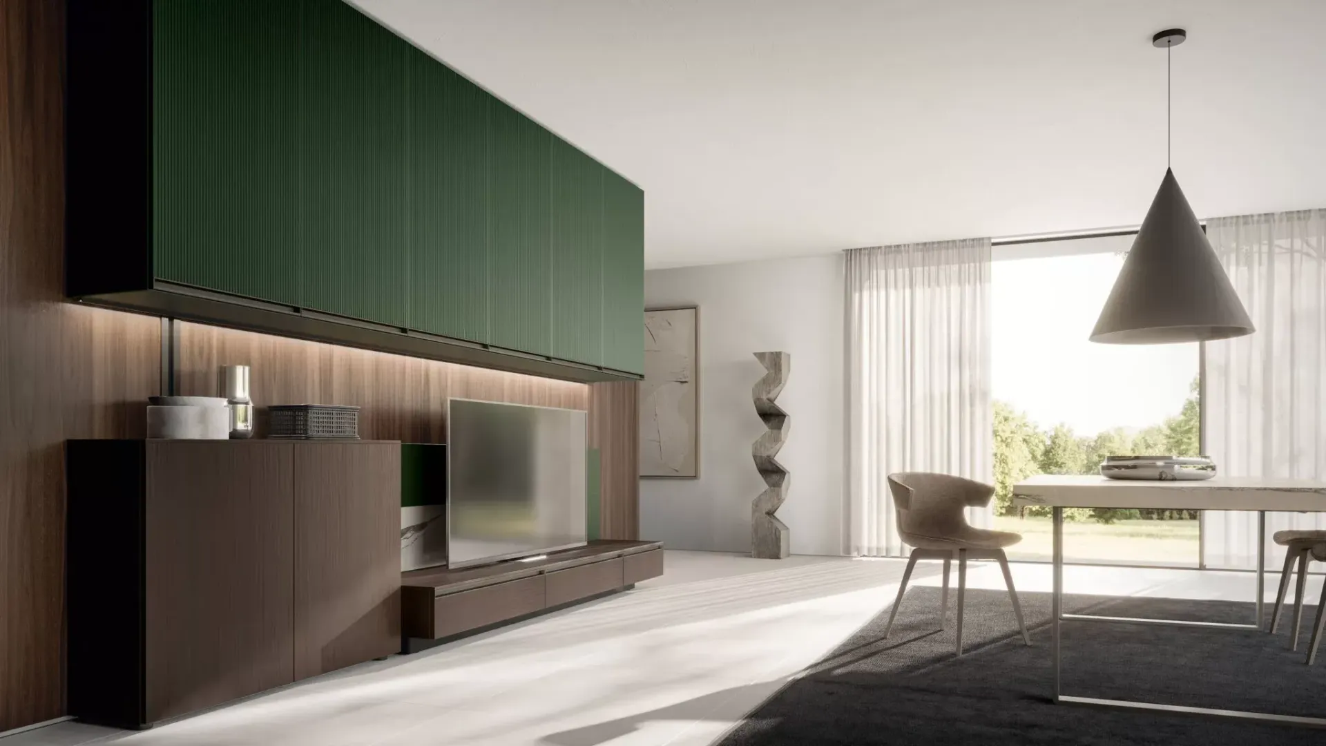 Un soggiorno con tavolo, sedie e televisione a parete.