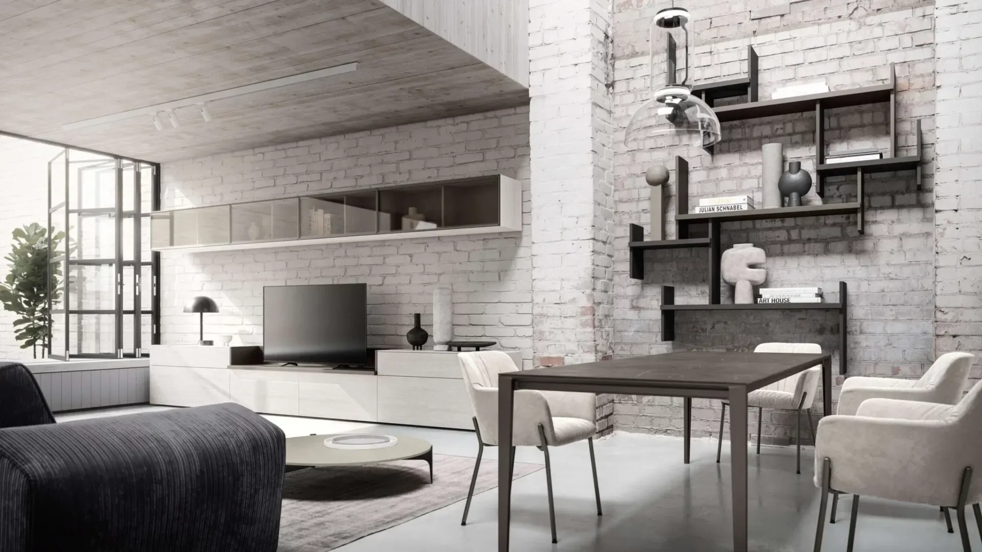 Un soggiorno con tavolo, sedie e un muro di mattoni.