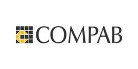 Un logo nero e giallo per compab su uno sfondo bianco.