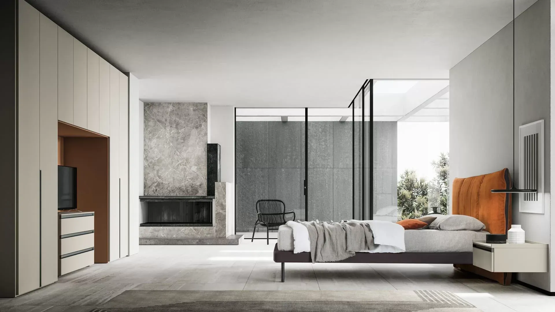 Una camera da letto con un letto grande e un camino