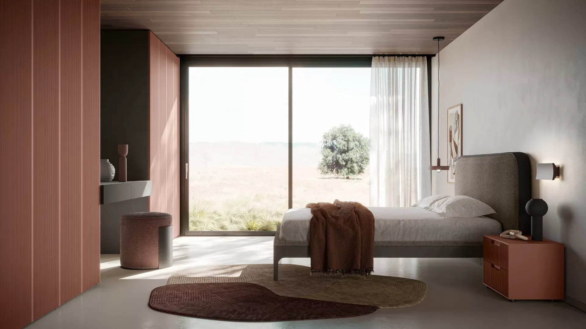 Una camera da letto con un letto, un comodino, una cassettiera e porte scorrevoli in vetro.