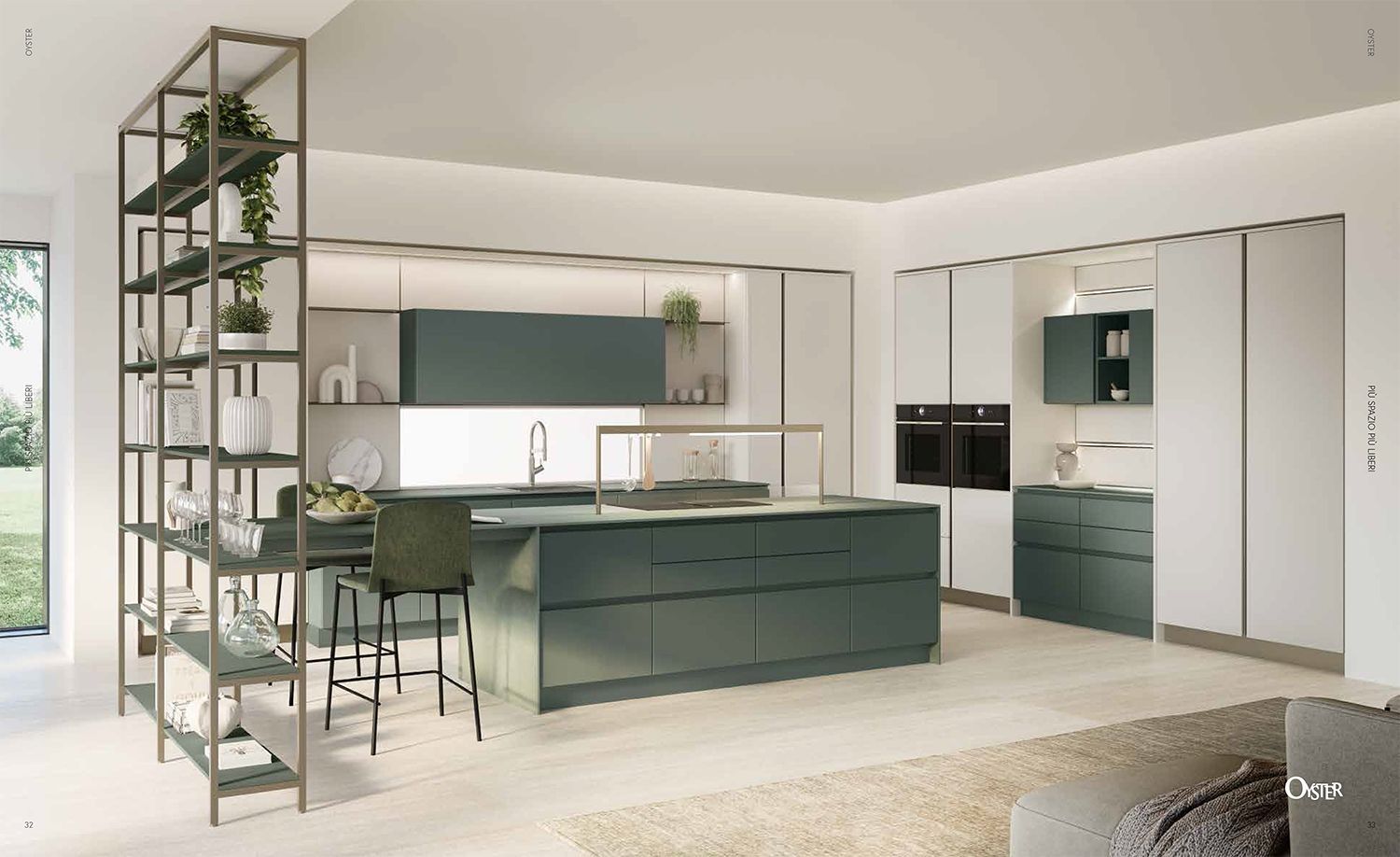 Una cucina con mobili verdi e una grande isola al centro della stanza.