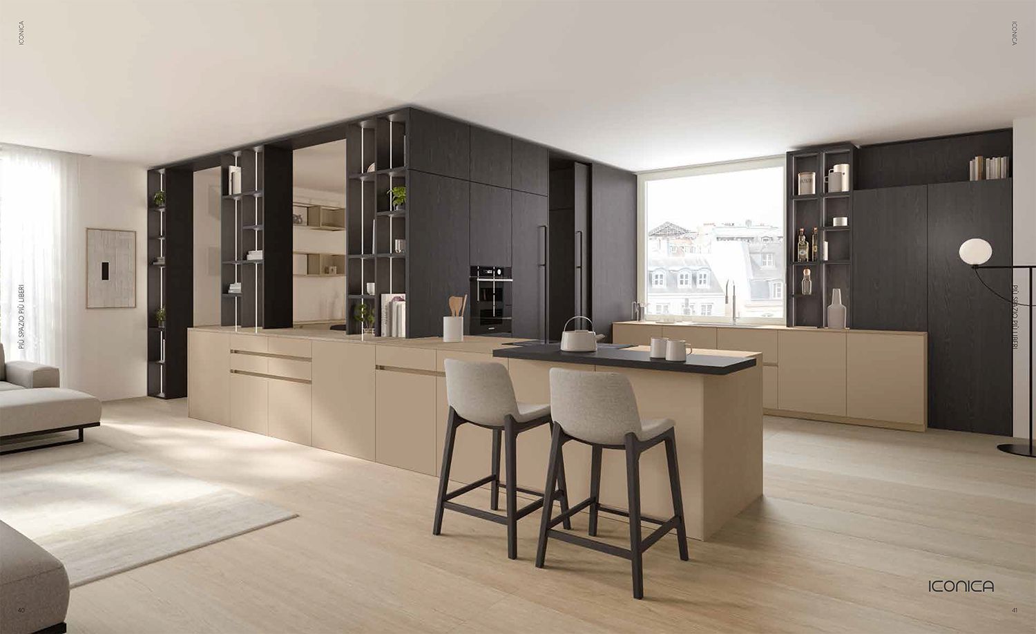 Una cucina con una grande isola e sgabelli in un soggiorno.