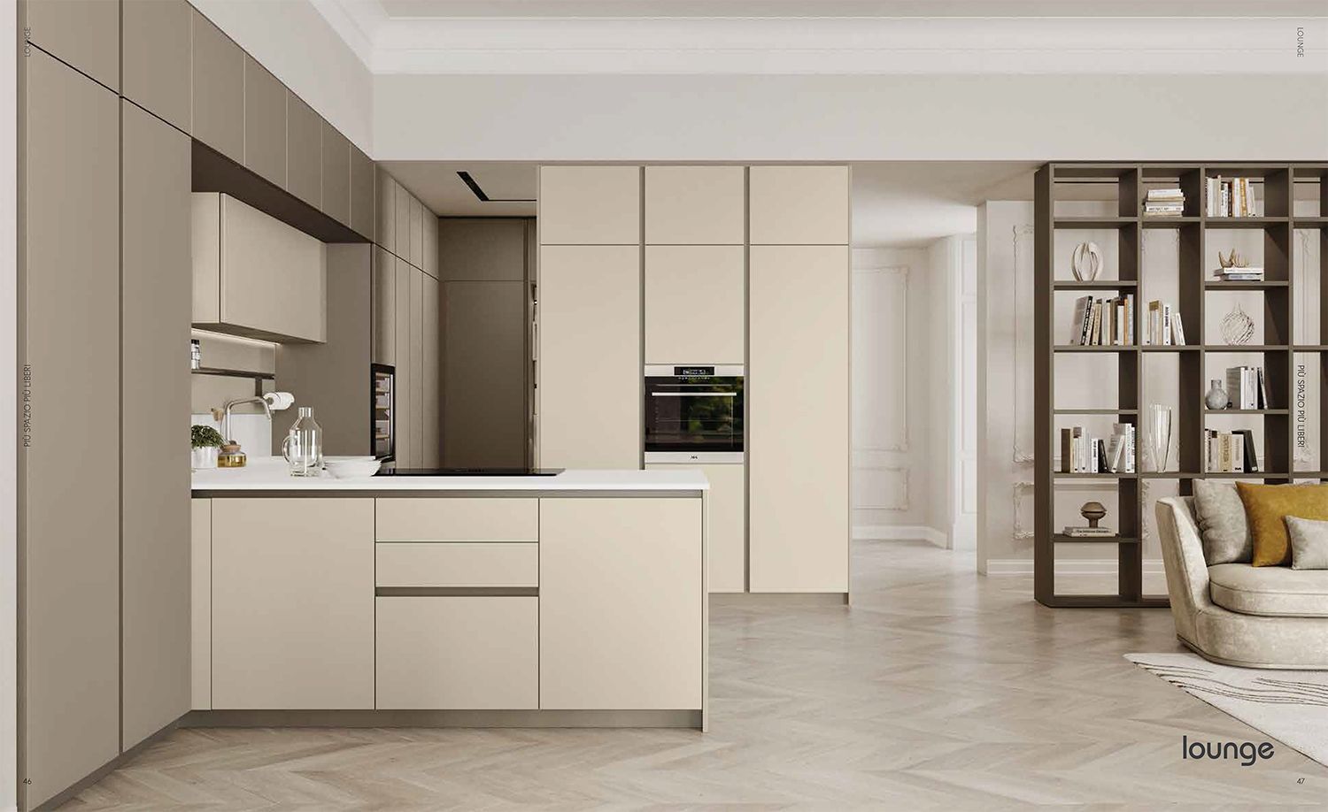 Una cucina con mobili bianchi e una grande isola al centro