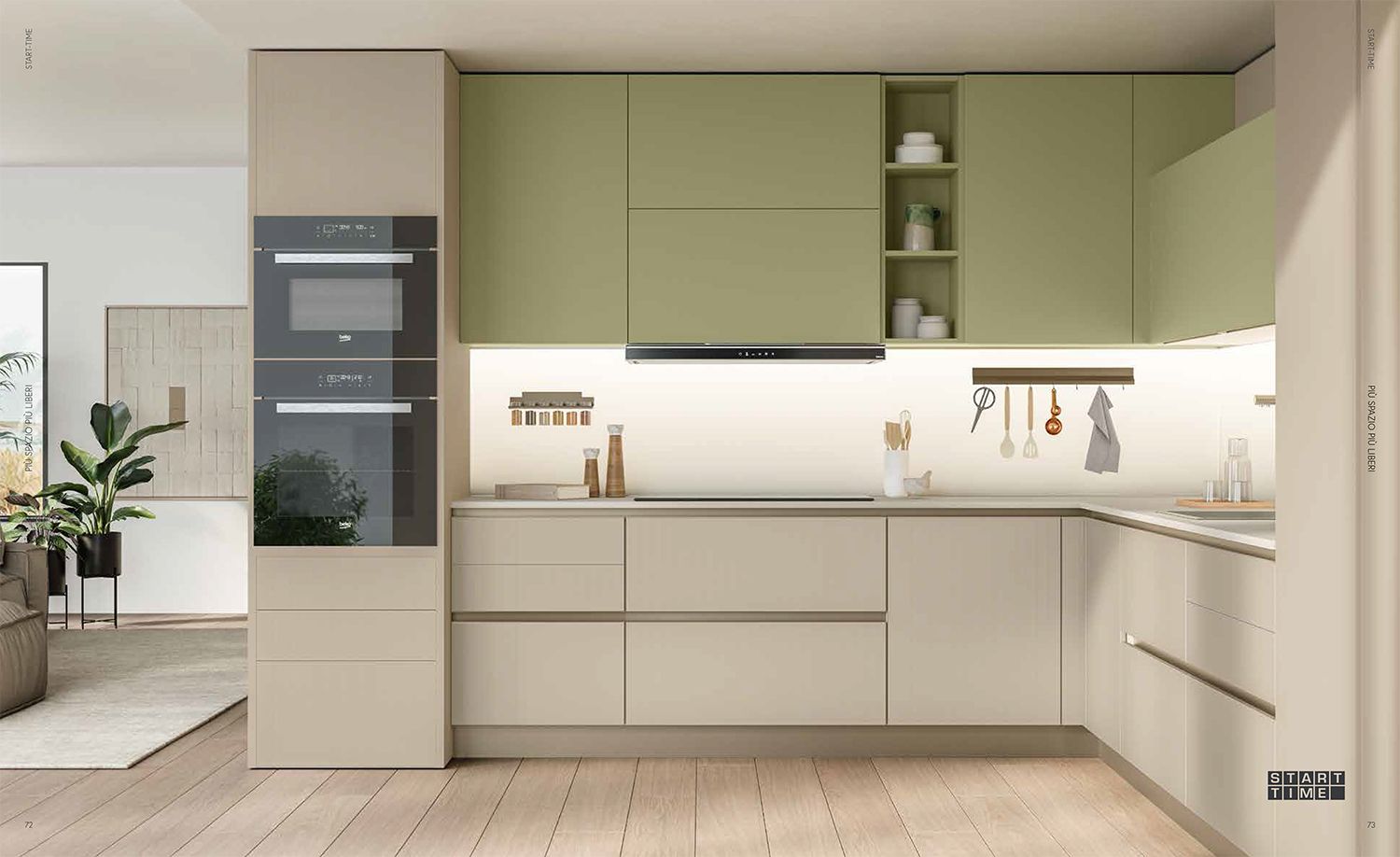 Una cucina con mobili verdi e un forno nero