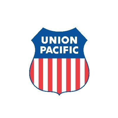 The union pacific logo is a shield with red , white and blue stripes.