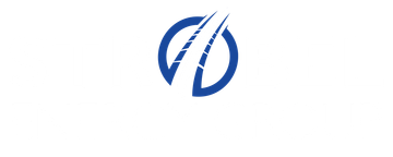 A blue and white logo on a white background.