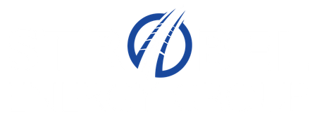 A blue and white logo on a white background.