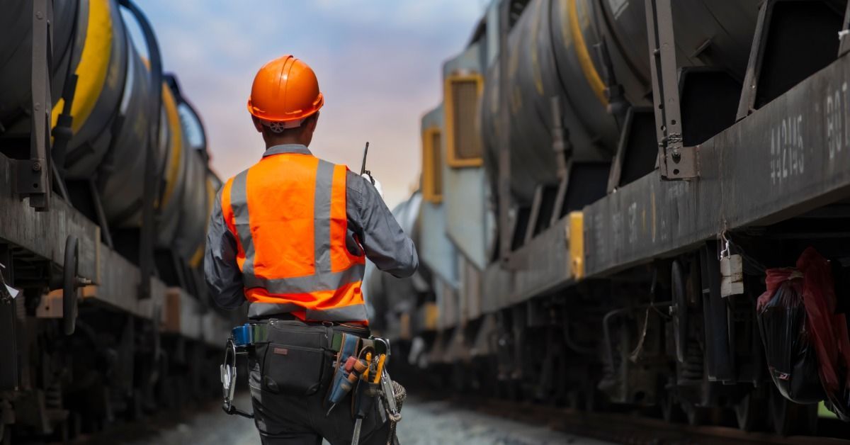 An employee wearing a safety vest and hard hat standing between two trains. Both trains carry many oil tank cars.