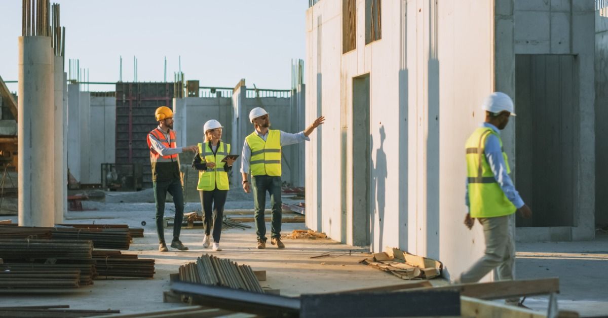 Four employees wearing hard hats and walking next to a building under construction. One employee holds a tablet.
