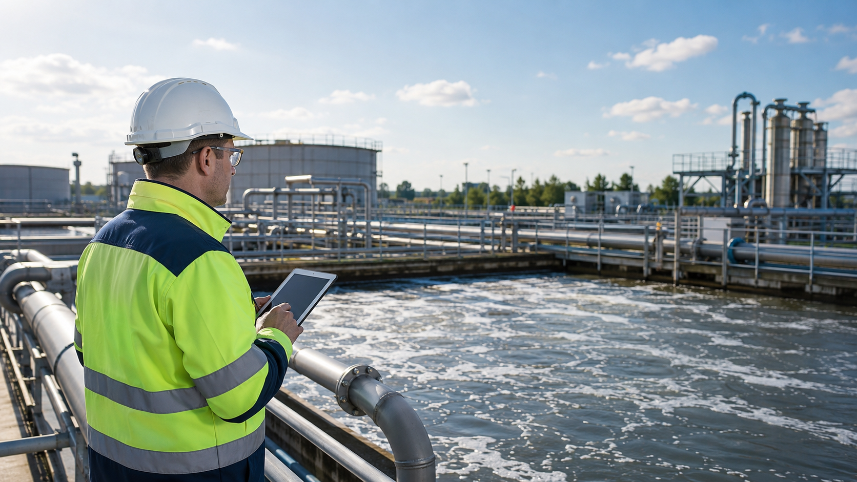 Engineer monitoring an industrial wastewater treatment system at a treatment plant.