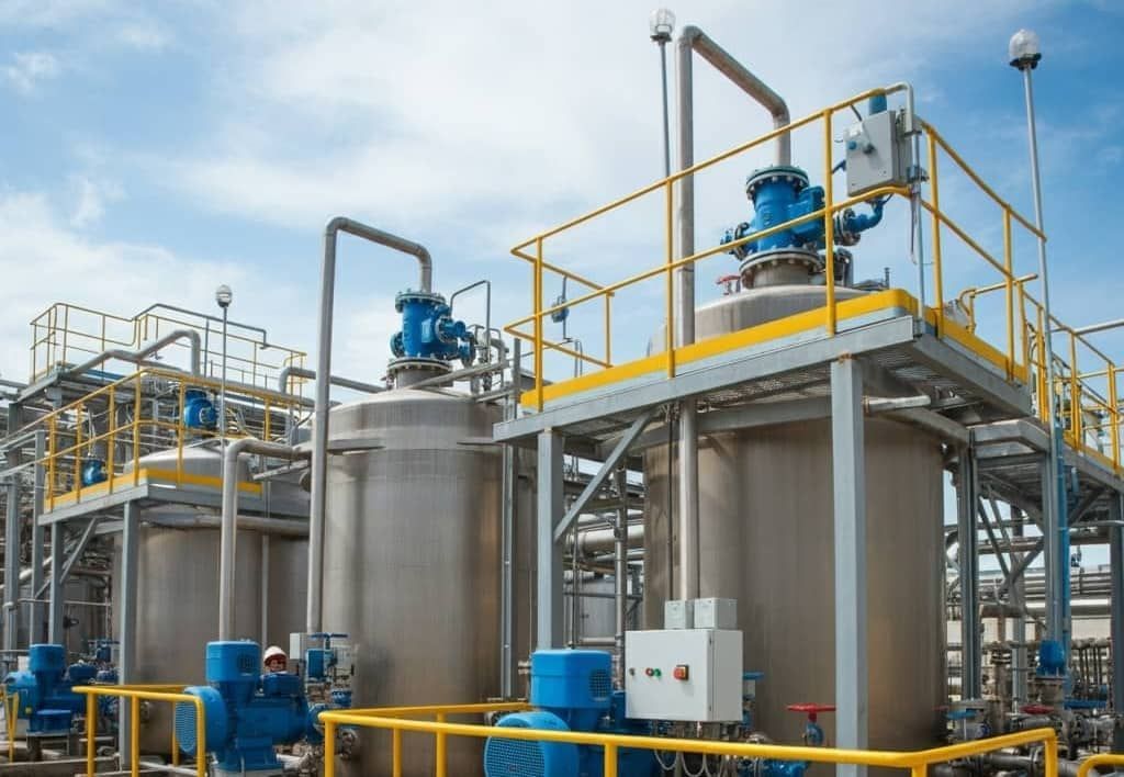 Industrial wastewater treatment system with large treatment tanks, piping, and access platforms for 