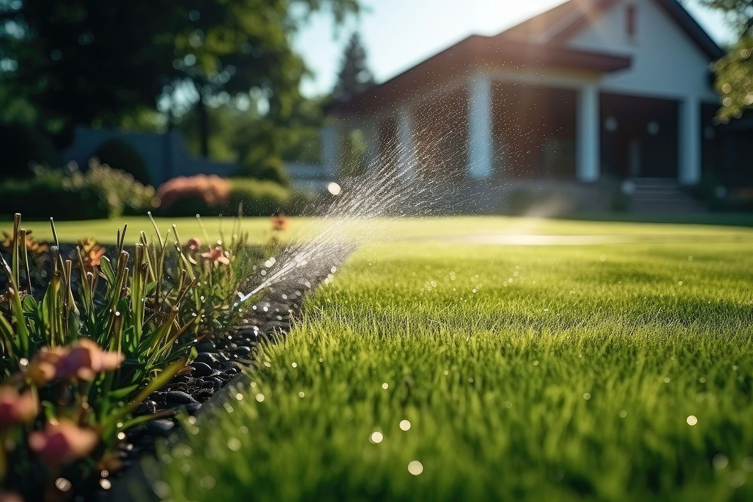 a lawn sprinkler is spraying water on a lush green lawn in front of a house