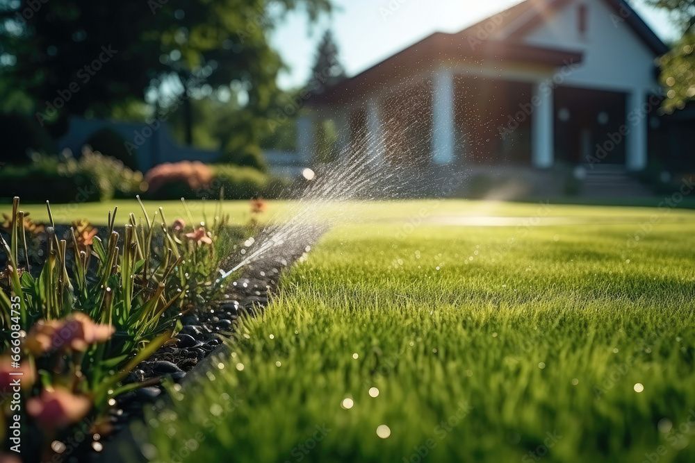 a lawn sprinkler is spraying water on a lush green lawn in front of a house