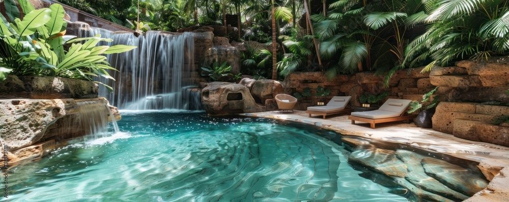 a swimming pool with a waterfall in the background