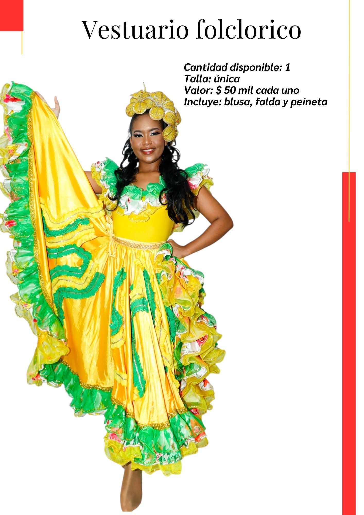 Una mujer lleva un traje amarillo y verde.