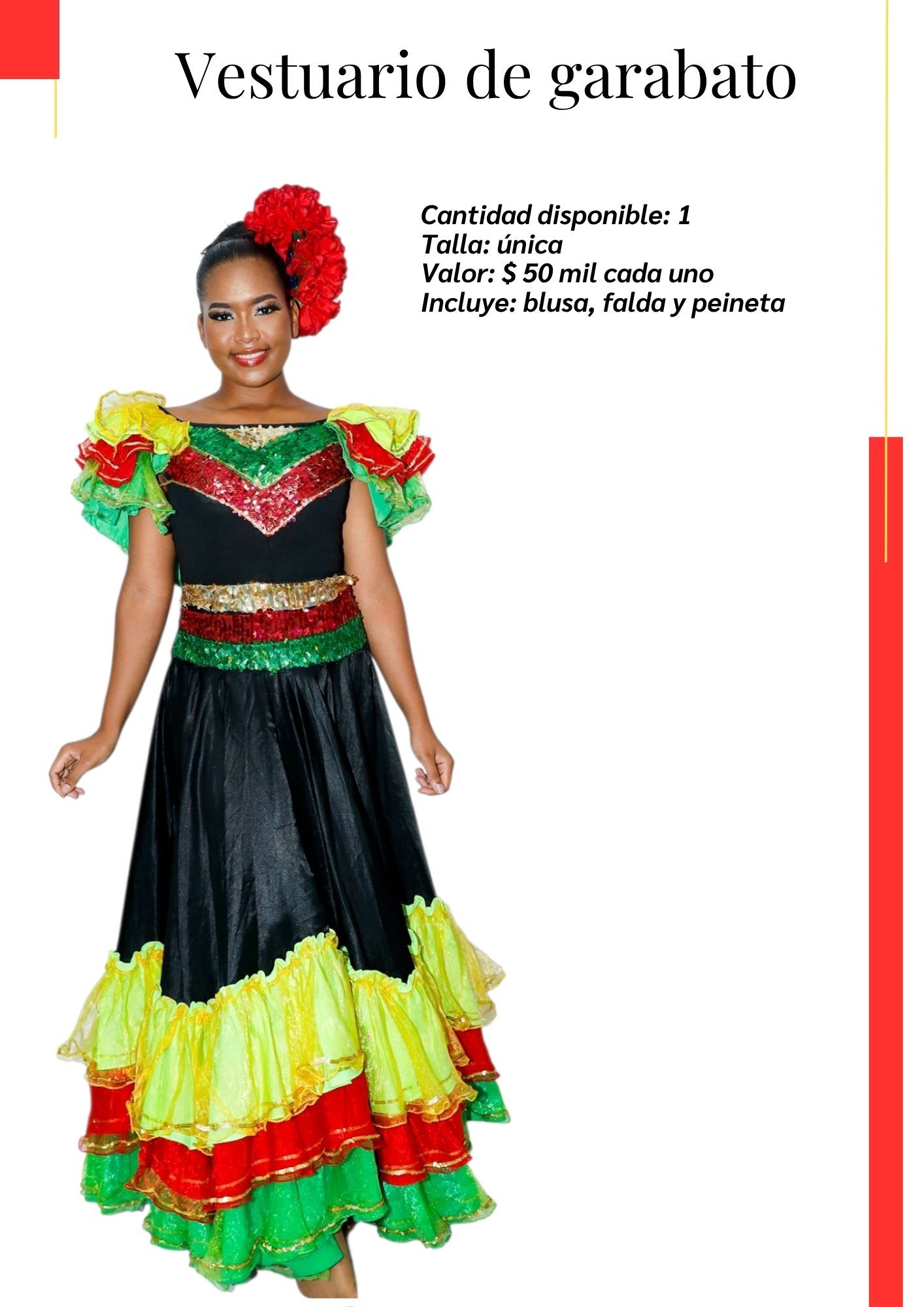 Una mujer lleva un vestido negro, amarillo y rojo.