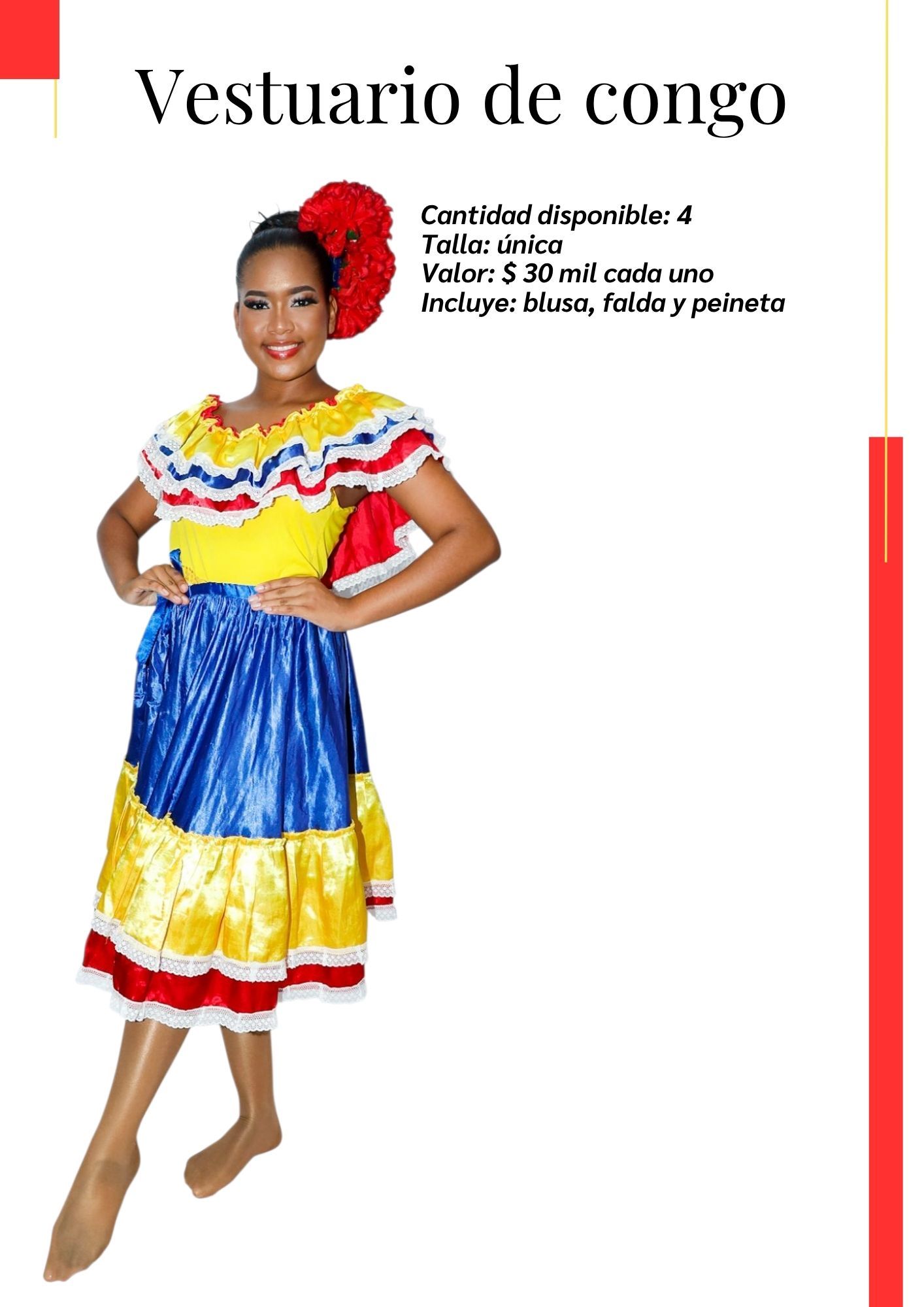 Una mujer lleva un vestido amarillo, azul y rojo.