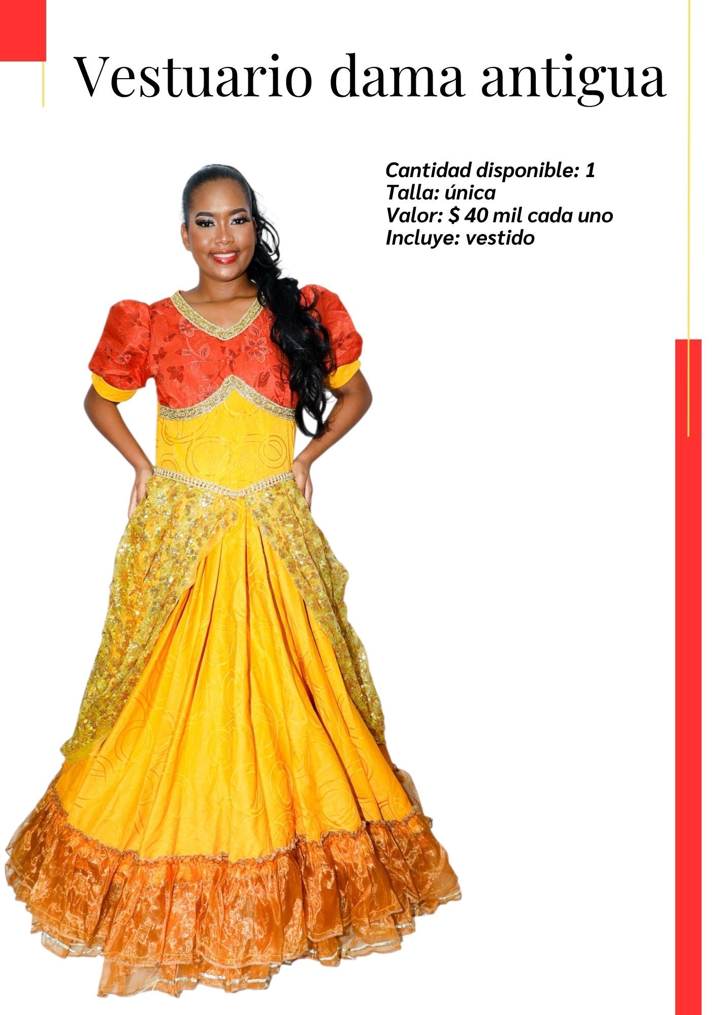 Una mujer lleva un vestido amarillo y naranja.