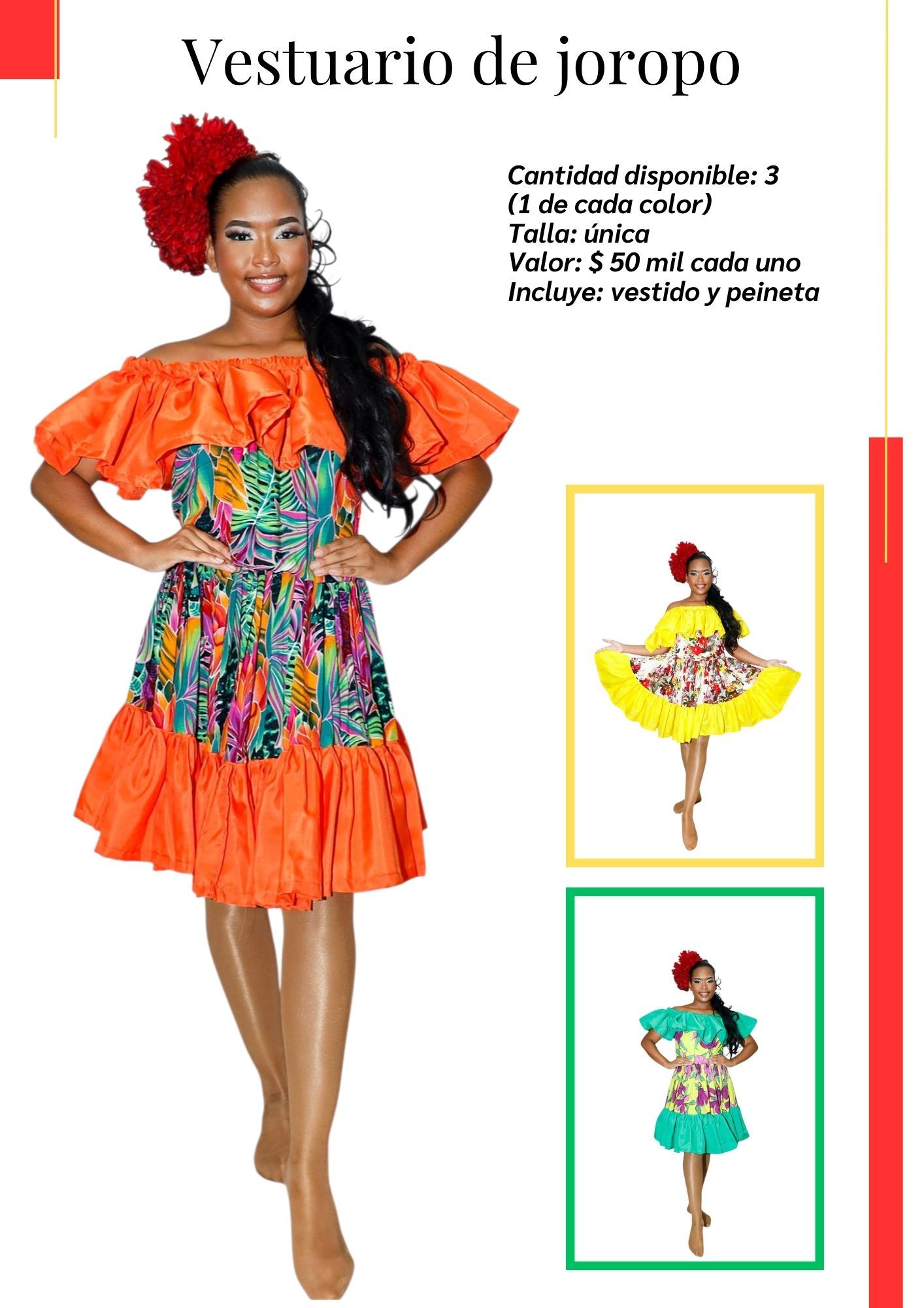 Una mujer lleva un vestido naranja con volantes y una flor roja en el pelo.