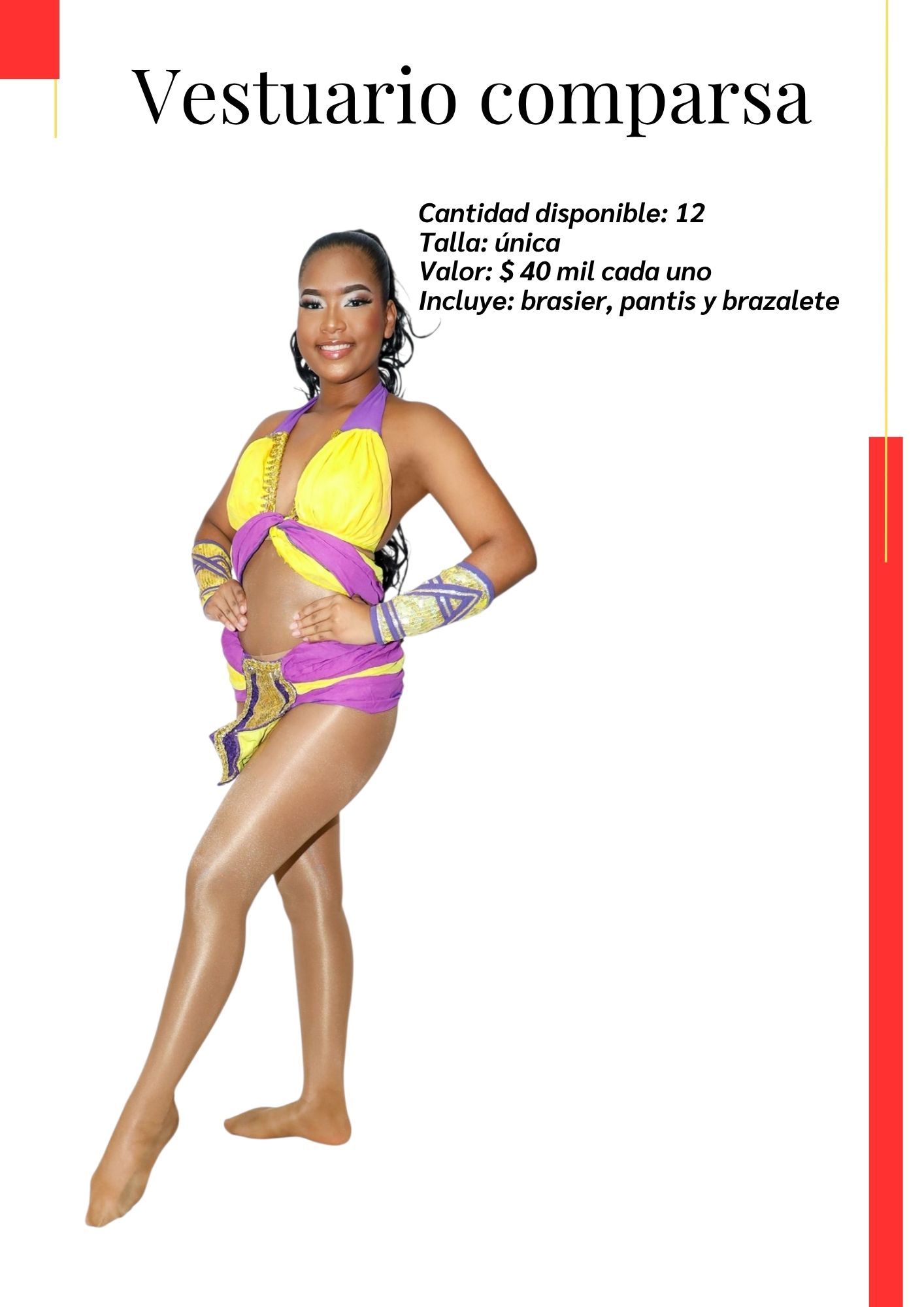 Una mujer con un traje amarillo y morado está de pie sobre un fondo blanco.