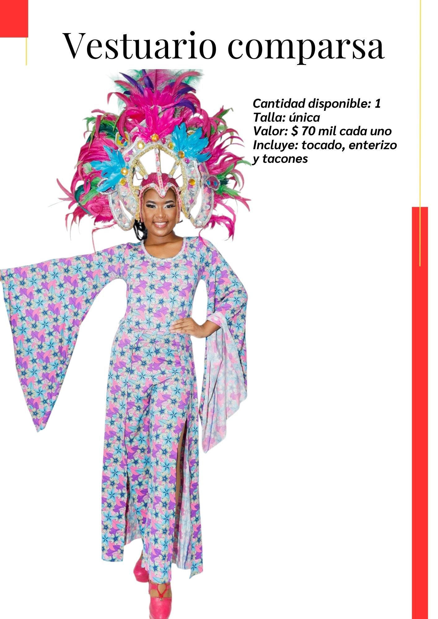 Una mujer lleva un vestido floral y un sombrero colorido.