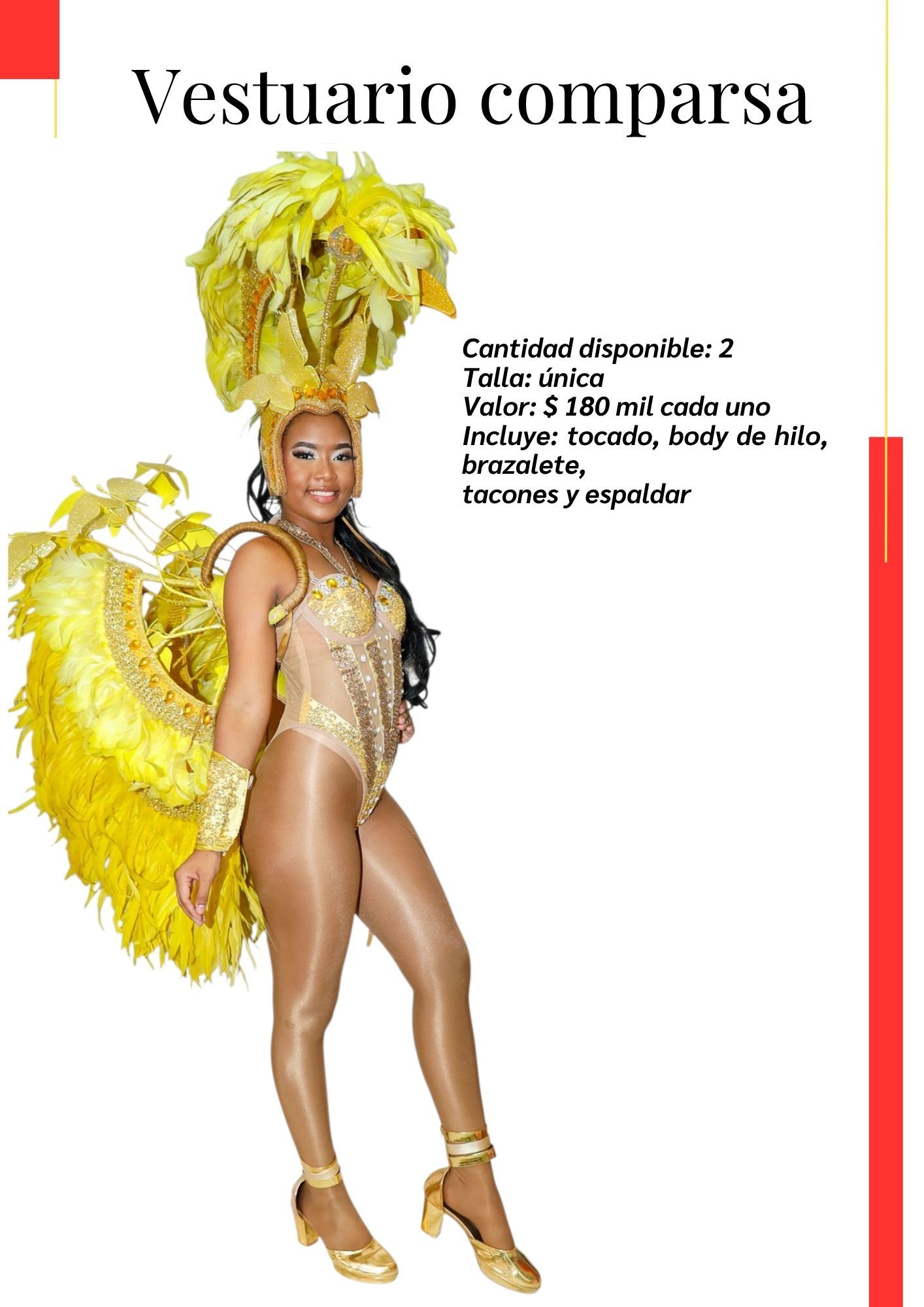 Una mujer con un disfraz de carnaval está parada frente a un fondo blanco.